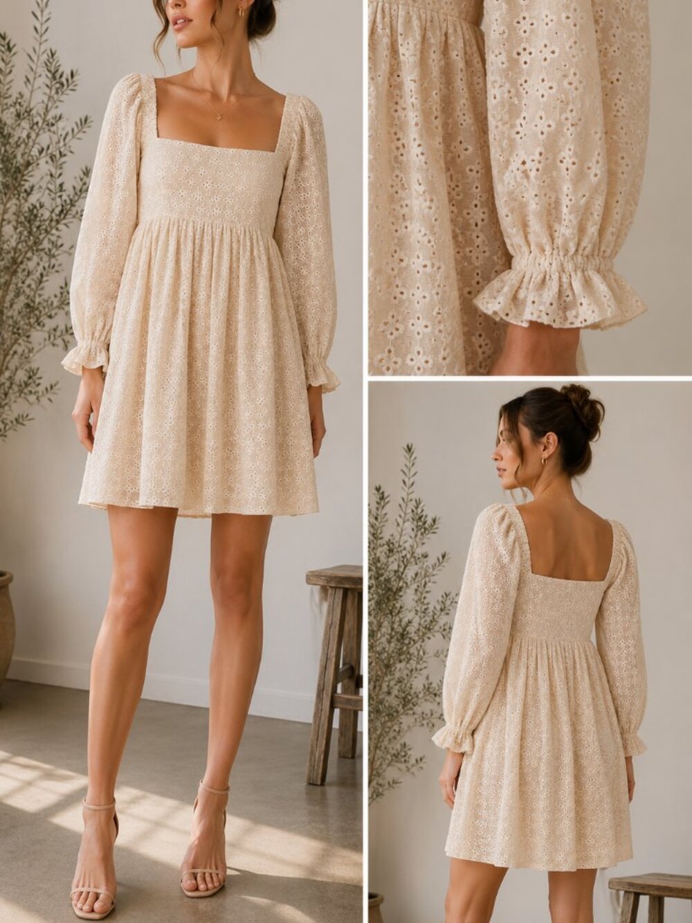 Cream Eyelet Mini Dress Womens L Puff Sleeve Cottagecore Babydoll A-Line Spring